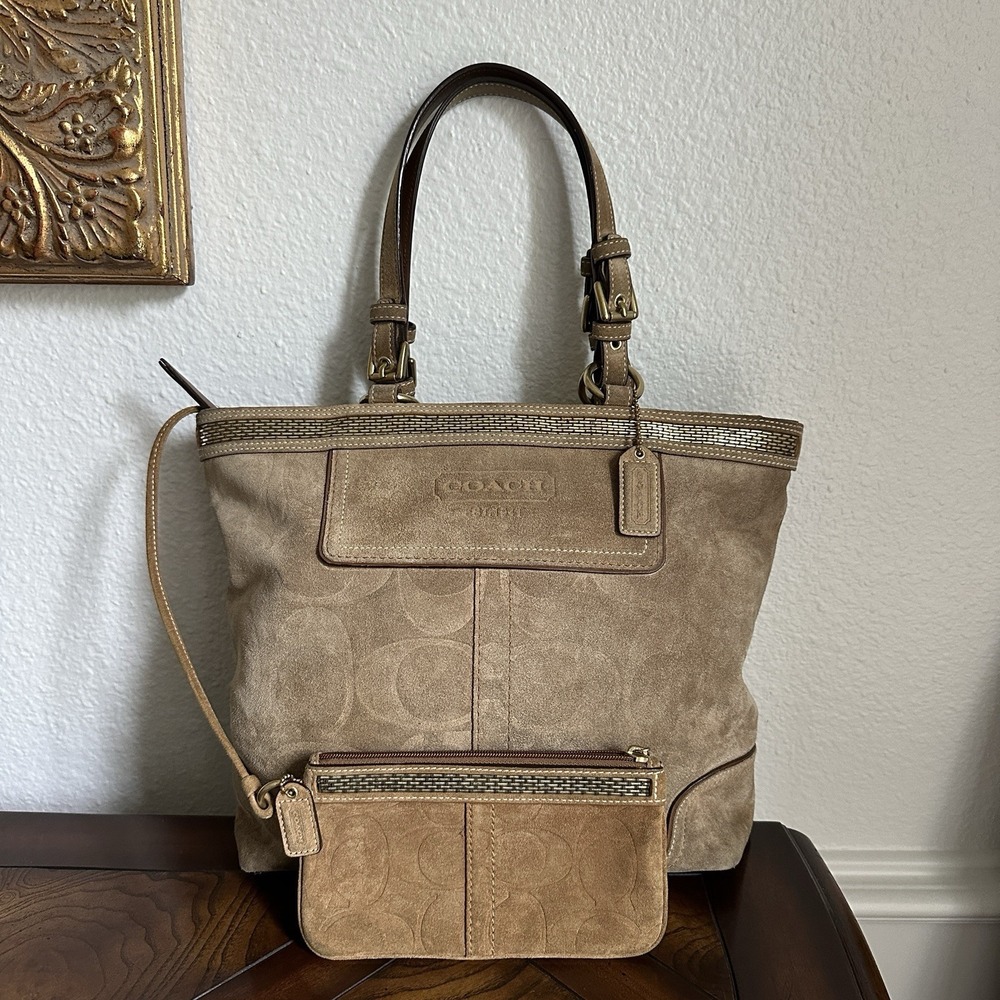 Coach Beige Suede Tote with Small Pouch